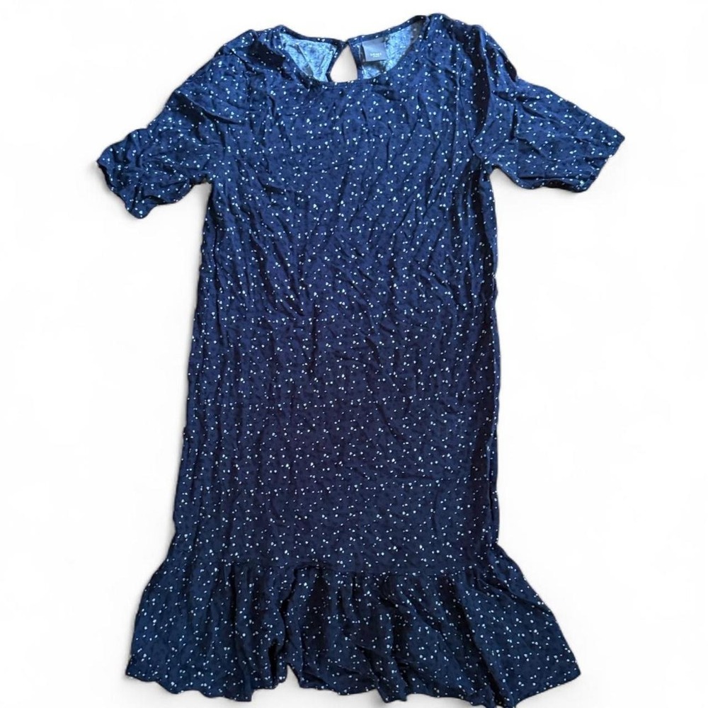 Ichi Navy Blue Floral Ruffle Hem Dress Short Sleeve Rose DR 20106059 Size 4/6